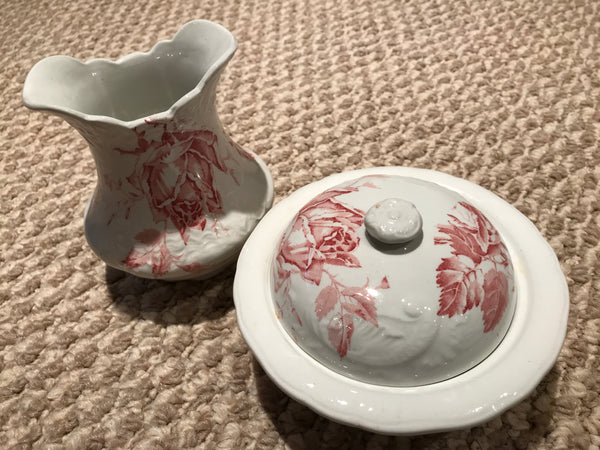 Wash stand and antique porcelain wash basin and pitcher, Pitcairns Limited of Tunstall, England, rose pattern