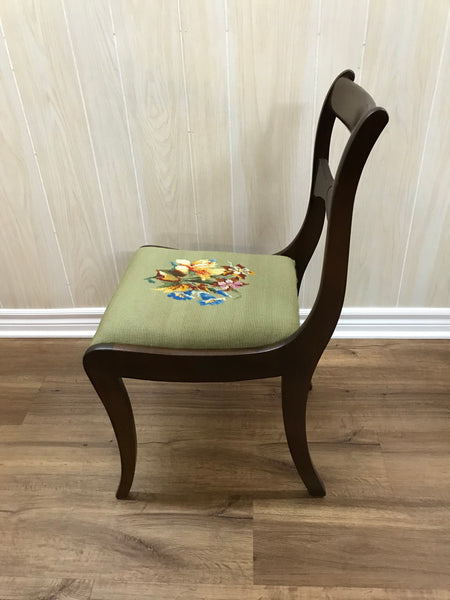 Solid wood chair with needlepoint cushioned seating