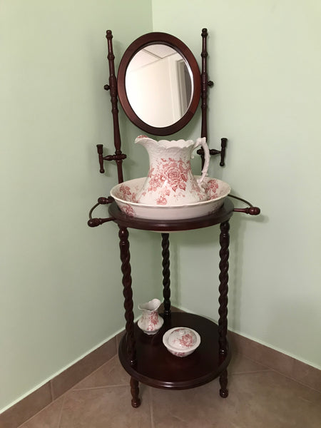 Wash stand and antique porcelain wash basin and pitcher, Pitcairns Limited of Tunstall, England, rose pattern