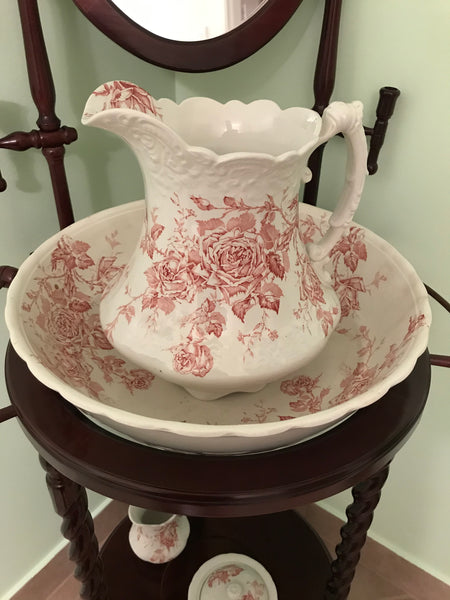 Wash stand and antique porcelain wash basin and pitcher, Pitcairns Limited of Tunstall, England, rose pattern
