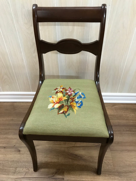 Solid wood chair with needlepoint cushioned seating